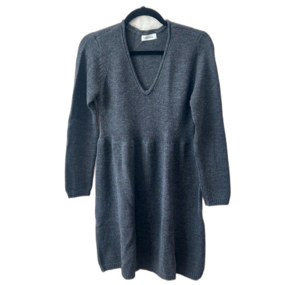 Calvin Klein Sweater Dress Women's Size Small Gray V-Neck Long Sleeve